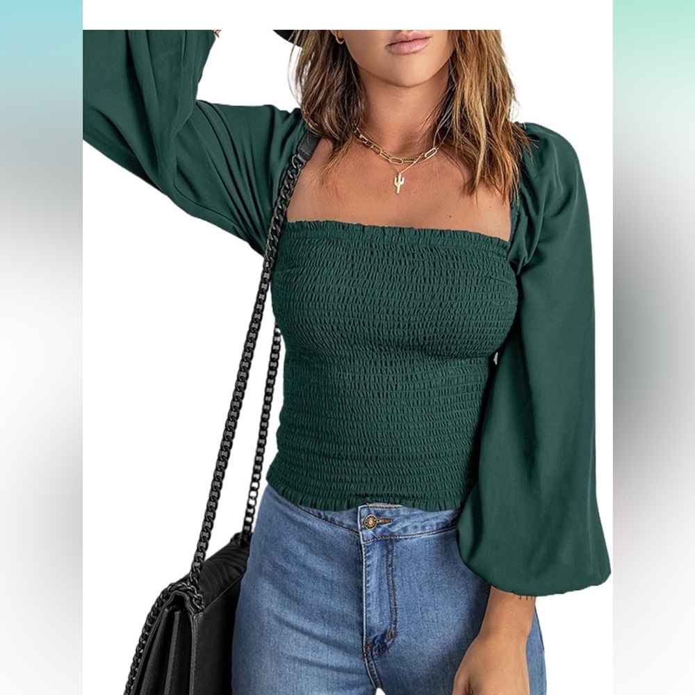 NWOT Evaless Square Neck Tops Puff Long Sleeve Blouses Green Medium